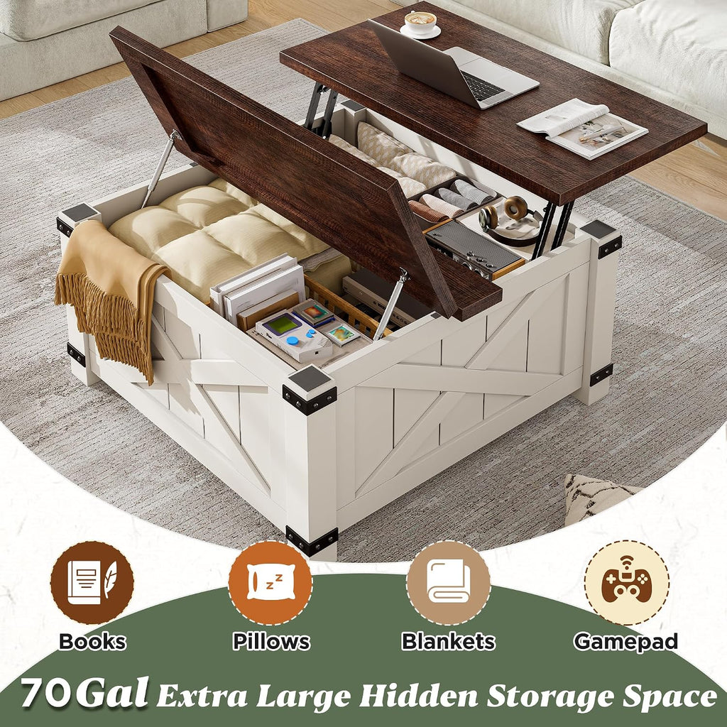 EnHomee Lift Top Coffee Table with Storage, 36" Farmhouse Coffee Tables for Living Room, Square Coffee Table with Large Hidden Space, for Living Room, Bedroom, Home Office, White