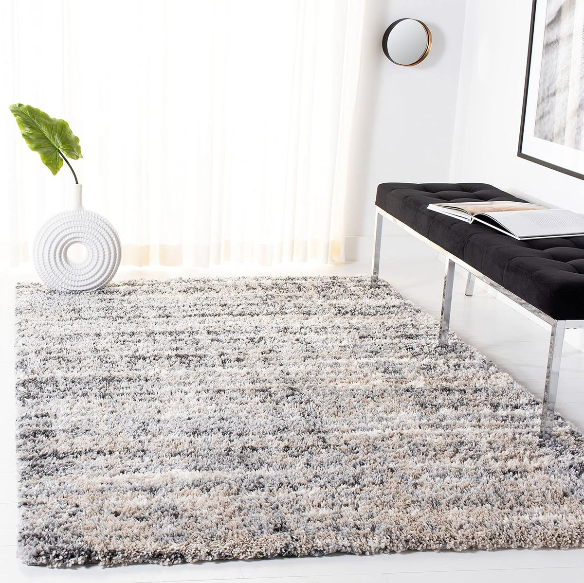 SAFAVIEH Fontana Shag Collection Area Rug - 6'7" x 9', Grey & Ivory, Modern Design, Non-Shedding & Easy Care, 2-inch Thick Ideal for High Traffic Areas in Living Room, Bedroom (FNT856G)