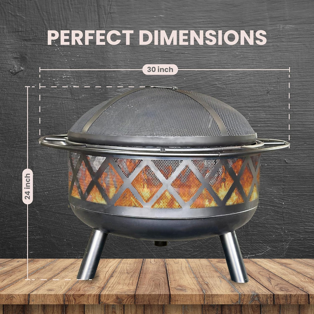 AK TRADING CO. Crossweave 30" Wood Burning Fire Pit with Spark Screen, Poker, Mesh Cover, Stainless Steel Grate - Black