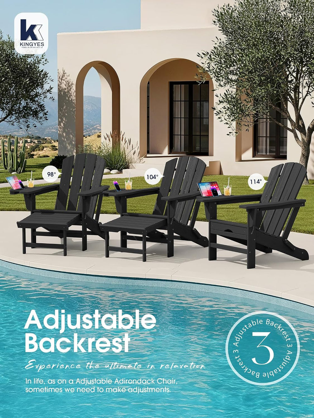 KINGYES Adirondack Chair with Footrest & 4-in-1 Cup Holder, Black