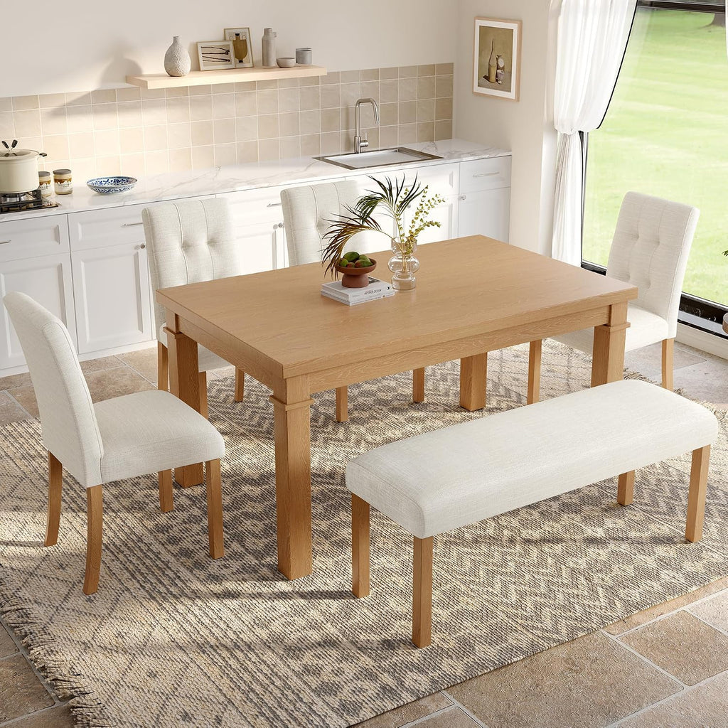 P PURLOVE 6 Piece Dining Table Set, Wood Rectangle Kitchen Table with 4 Upholstered Chairs 1 Bench for Dining Room and Living Room (Natural)