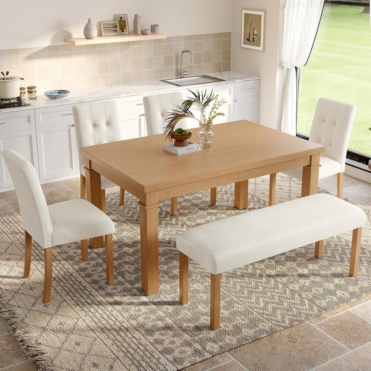 P PURLOVE 6 Piece Dining Table Set, Wood Rectangle Kitchen Table with 4 Upholstered Chairs 1 Bench for Dining Room and Living Room (Natural)