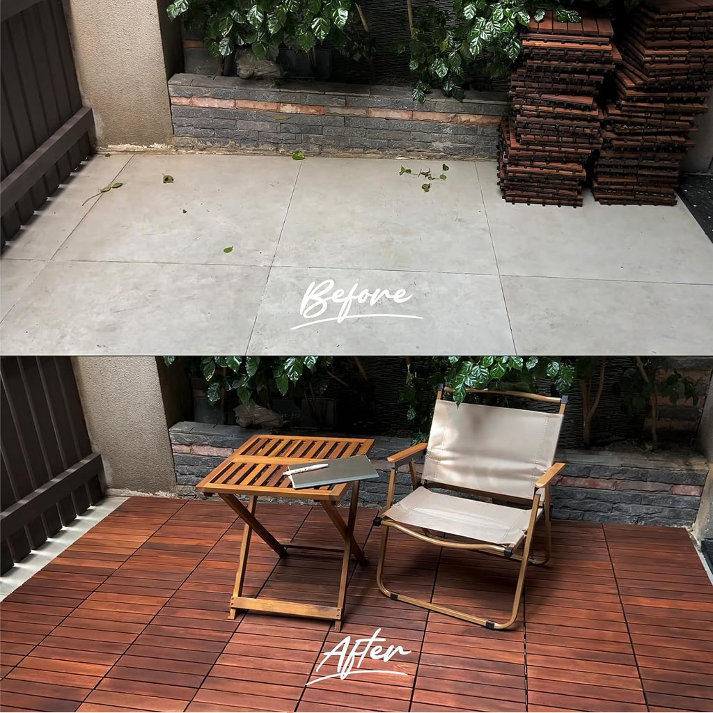 Acacia Wood Interlocking Deck Tiles, Patio & Backyard Tile, 12 in, 9 PCS