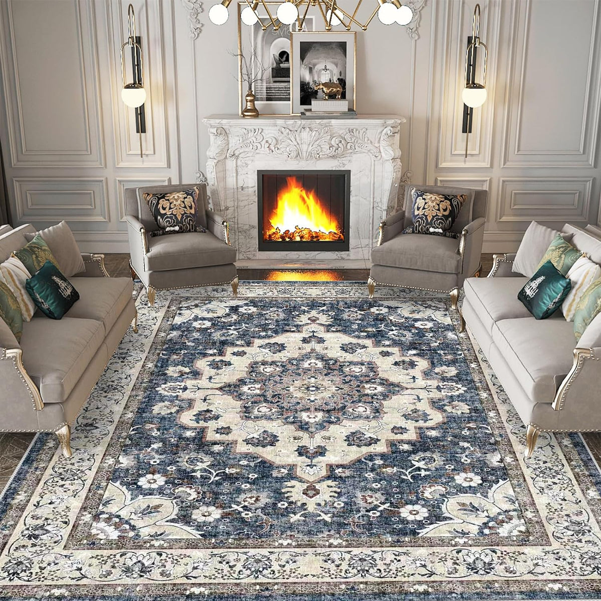Washable Living Room Area Rug - 9 x 12 Stain Resistant Medallion Soft Bedroom Rugs Distressed Design Non Shedding Carpet for Indoor Outdoor Floor Cover Durable Easy-Clean Low Pile Rug (9x12 Blue)