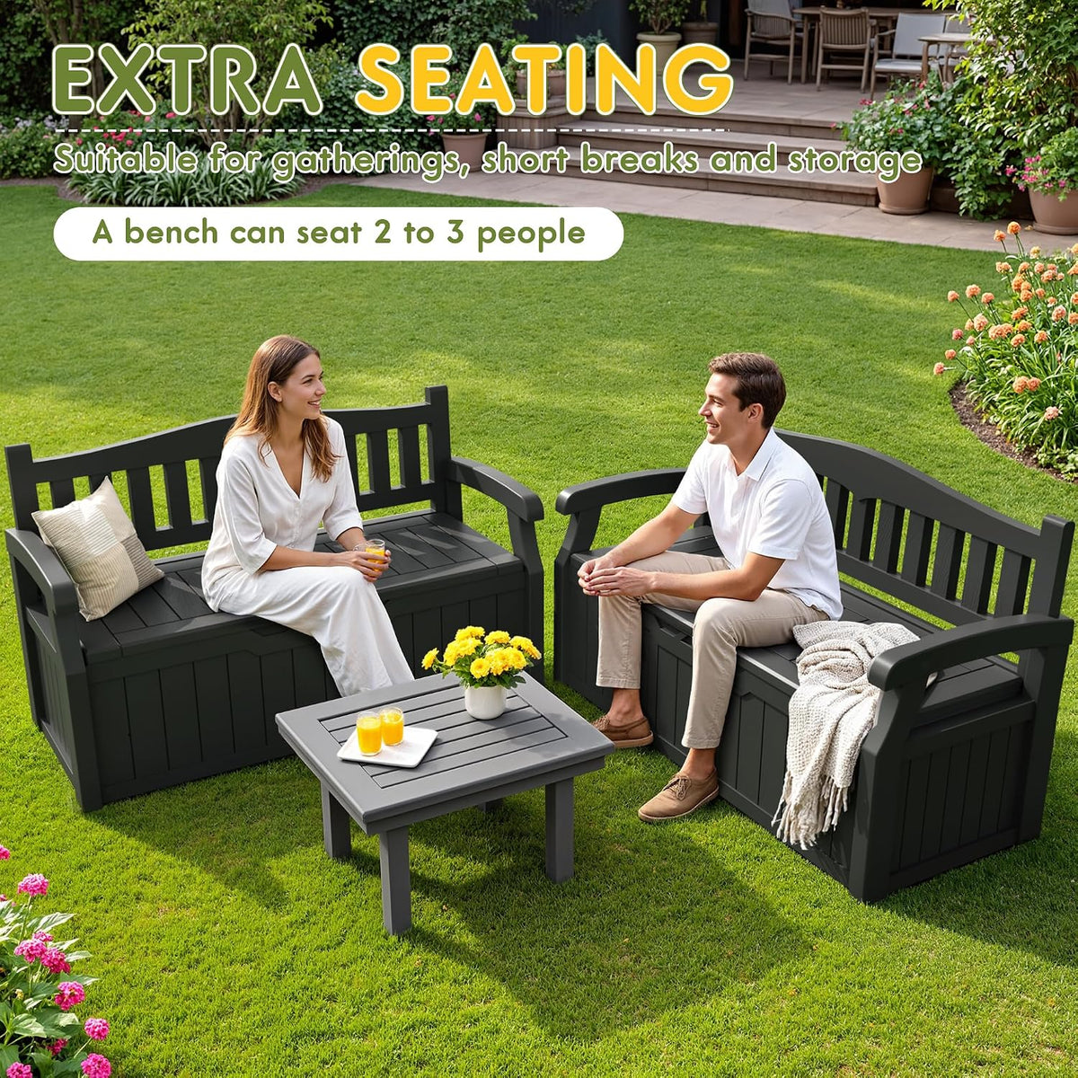 Greesum 80 Gallon Storage Bench Outdoor Deck Box with Armrest, Black