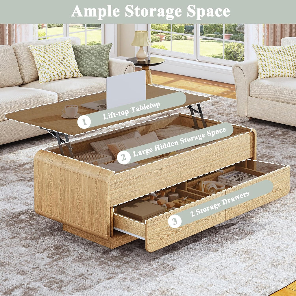 HUAHUU Lift Top Coffee Table with Storage, 2-Tier Center Table with 2 Drawers, Curved Profile Design, Wooden Rectangular Living Room Table, Modern Coffee Table for Living Room, Office, Natural Oak