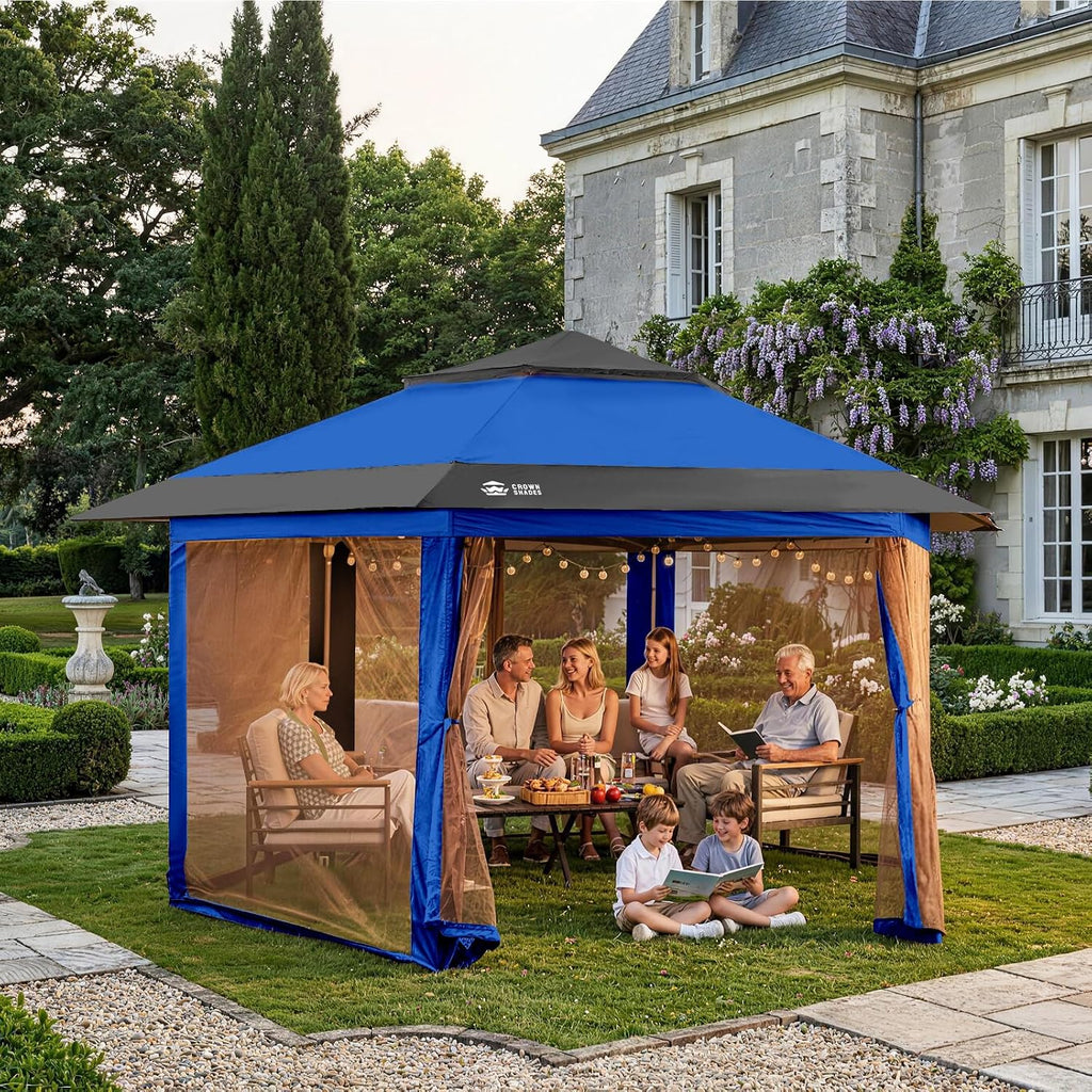 CROWN SHADES 13x13 Pop Up Gazebo with Mosquito Nettings, Blue&Gray