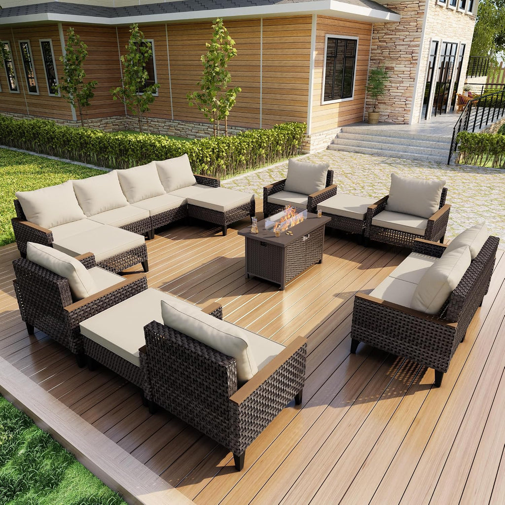 15 Pieces Outdoor Furniture Set, Patio Conversation Sets (Beige Cushions)