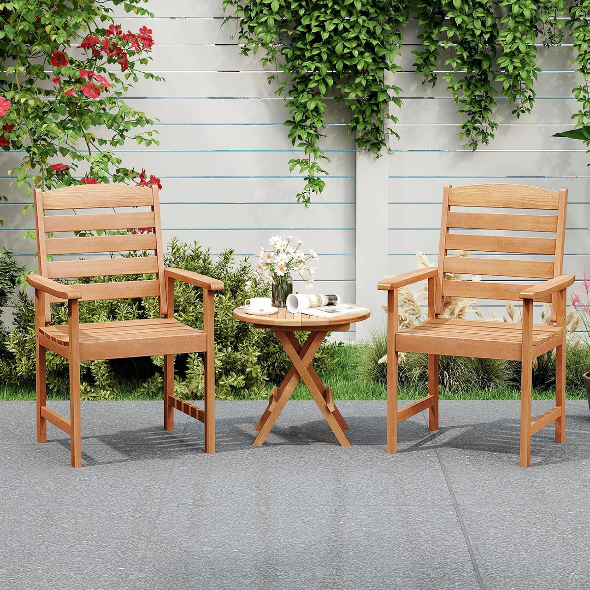 Tangkula Wood Patio Dining Chairs Set of 2, Wooden Outdoor Dining Chairs with High Backrest & Slatted Seat, Outdoor Furniture Armchairs for Deck, Garden, Porch & Backyard, (Thick Horizontal Stripe)