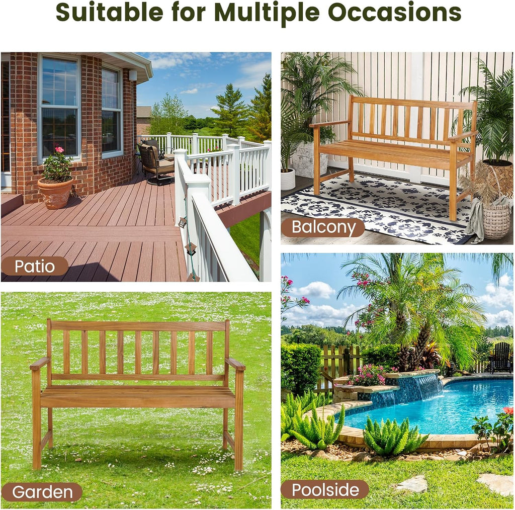 HAPPYGRILL Patio Wood Bench with Ergonomic Backrest & Armrests, 2-Person Outdoor Bench, All-Weather Acacia Wood Frame, Loveseat Outside Bench for Garden Balcony Poolside Porch Deck