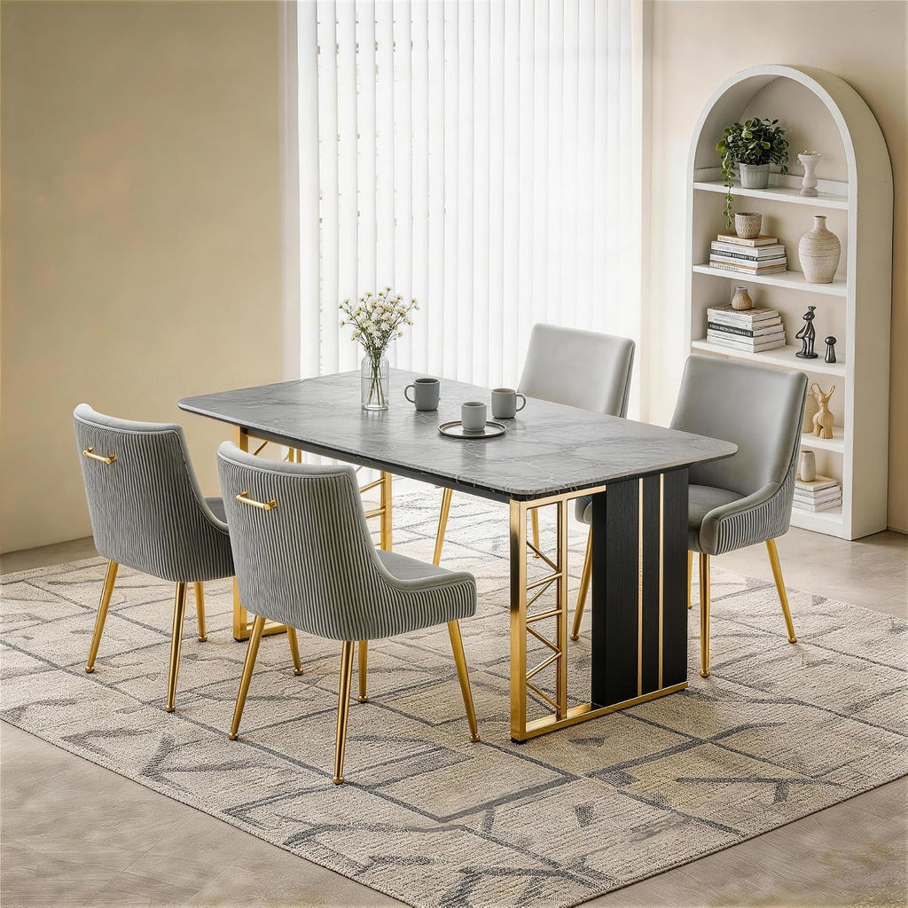 Upholstered Modern Grey Velvet Dining Chairs Set of 6 with Gold Metal Legs
