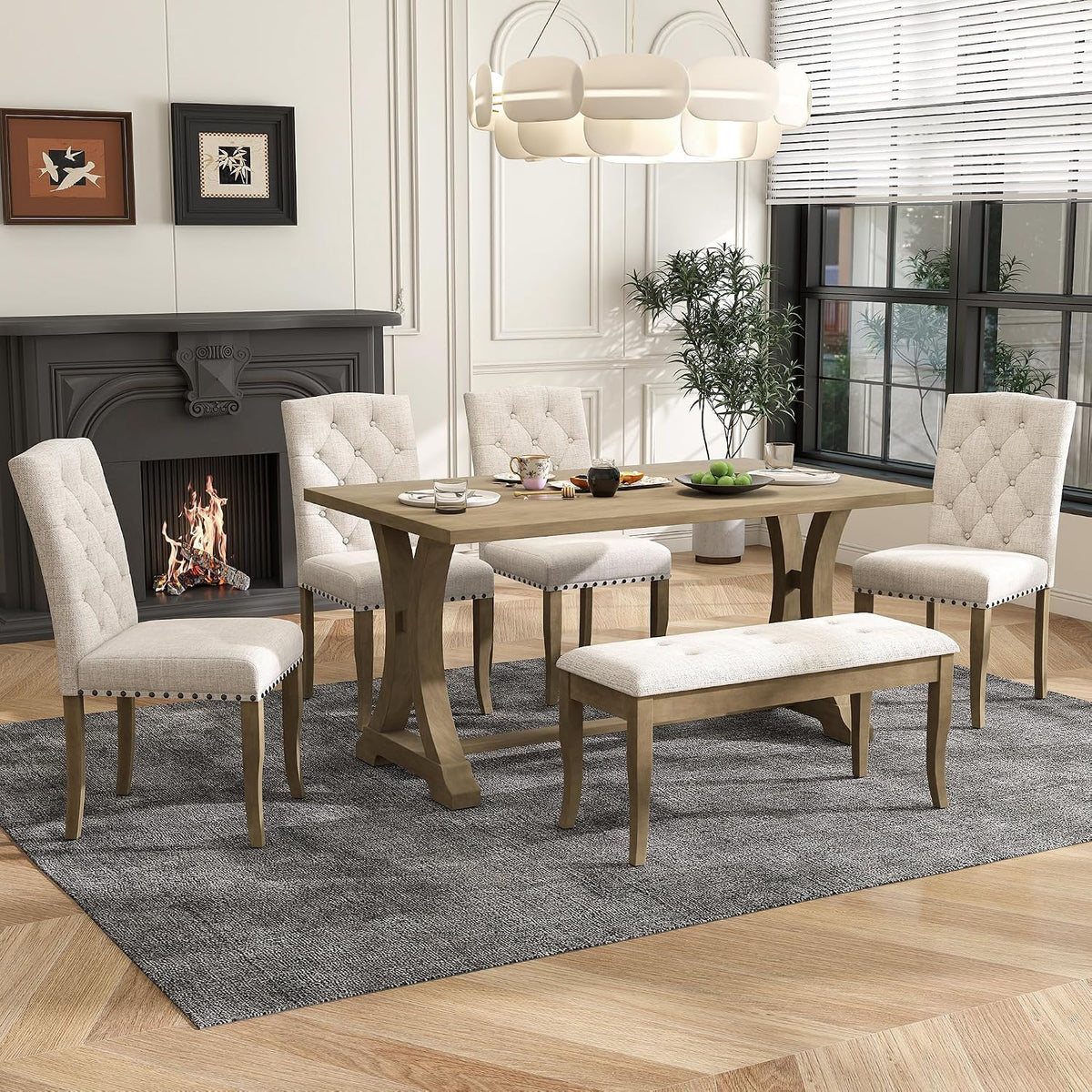Harper & Bright Designs Classic and Traditional Style 6 - Piece Dining Set, Includes Dining Table, 4 Upholstered Chairs & Bench (White+Gray) (White+Gray) (Natural Wood Wash1)