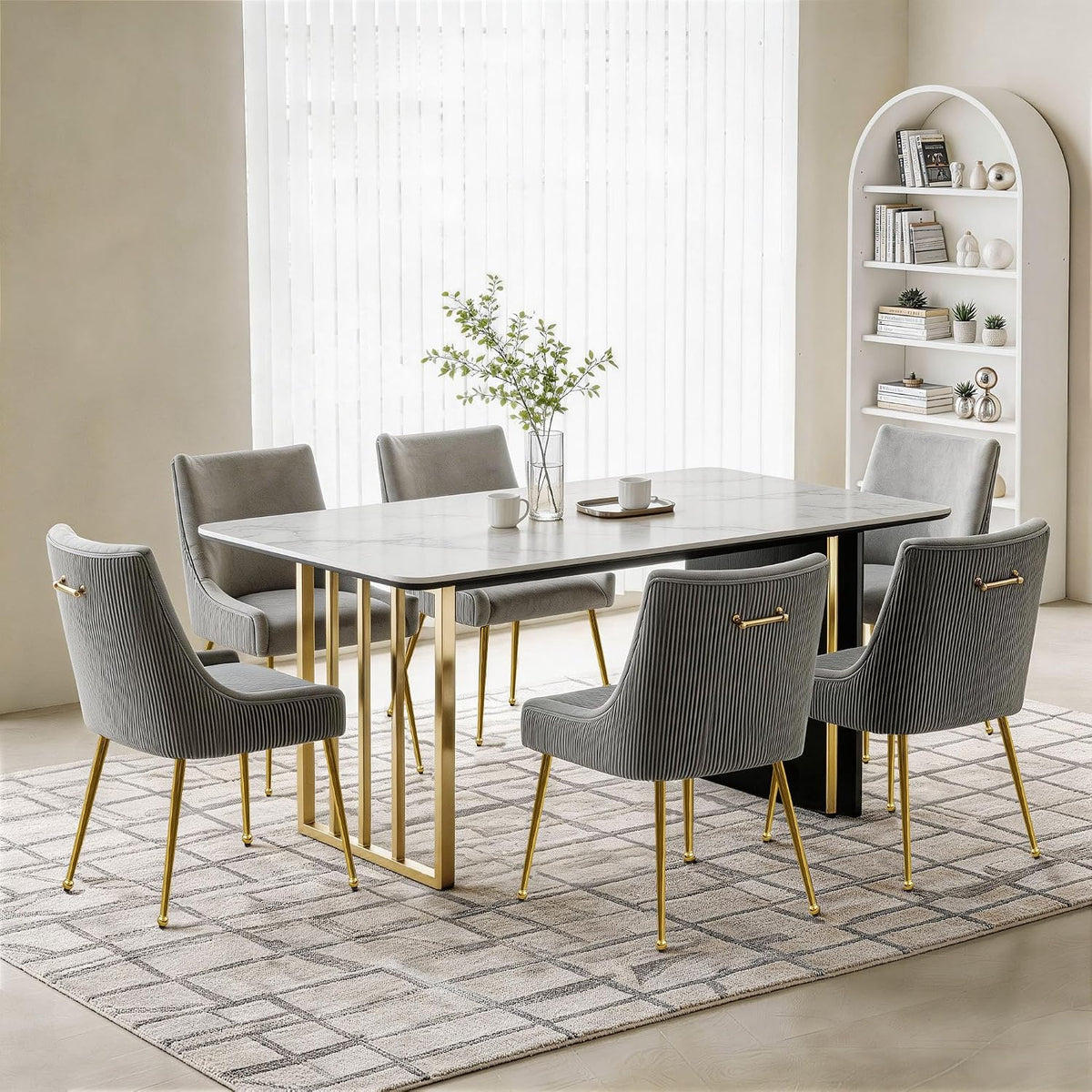 Upholstered Modern Grey Velvet Dining Chairs Set of 4 with Gold Metal Legs