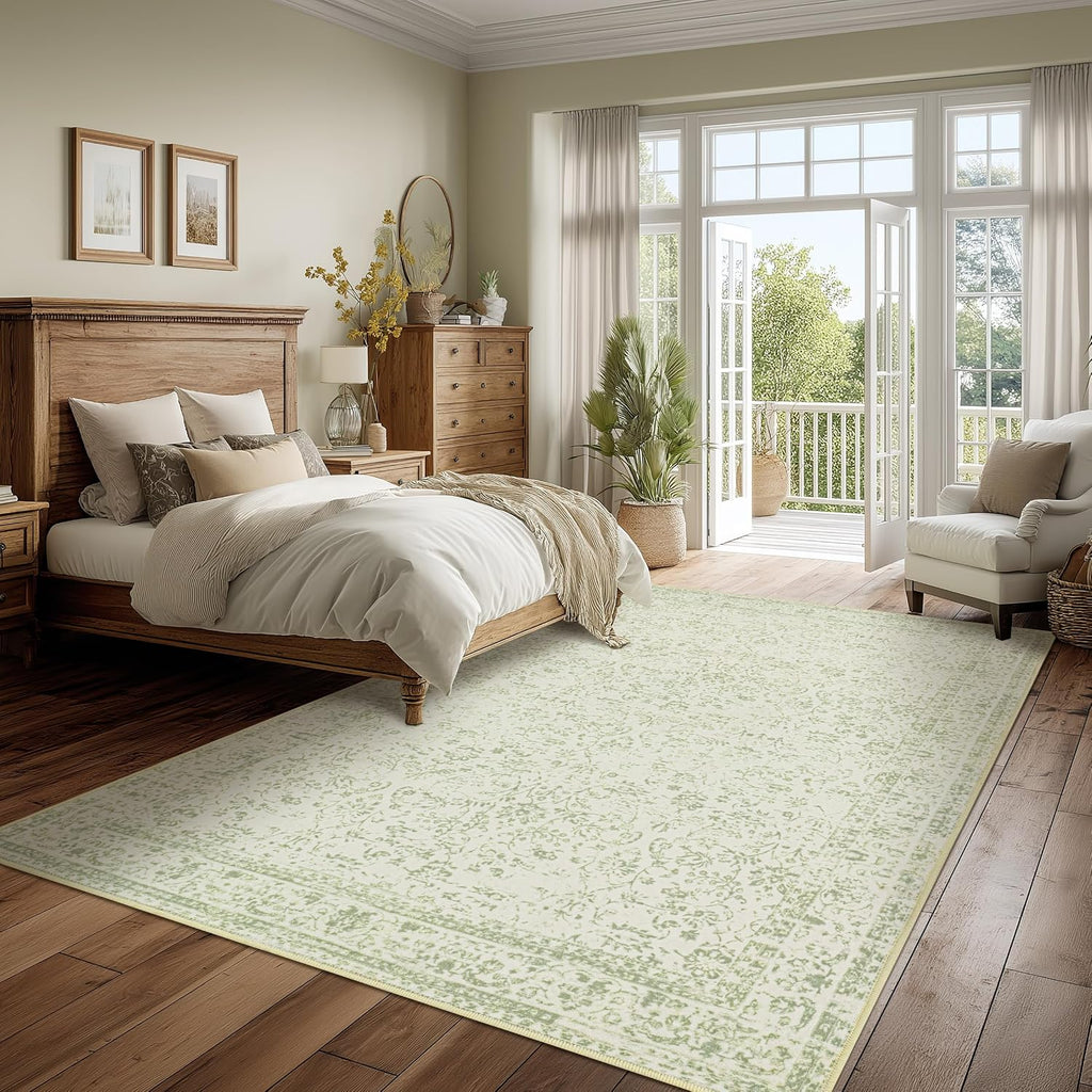 Light Green Area Rug 6x9 Floral Print Washable Throw Rugs for Living Room