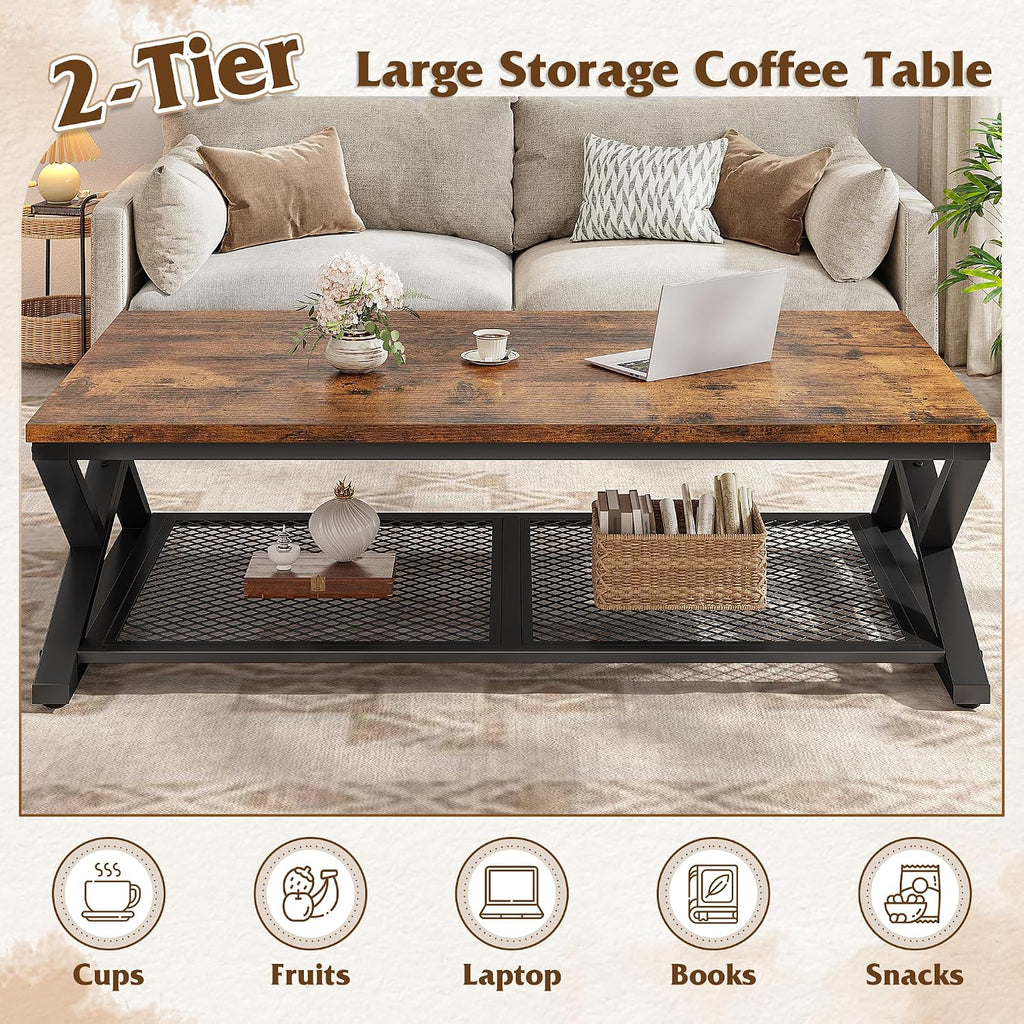 EnHomee Coffee Table, Storage & Shelf, X-Frame Stability, Rustic Brown