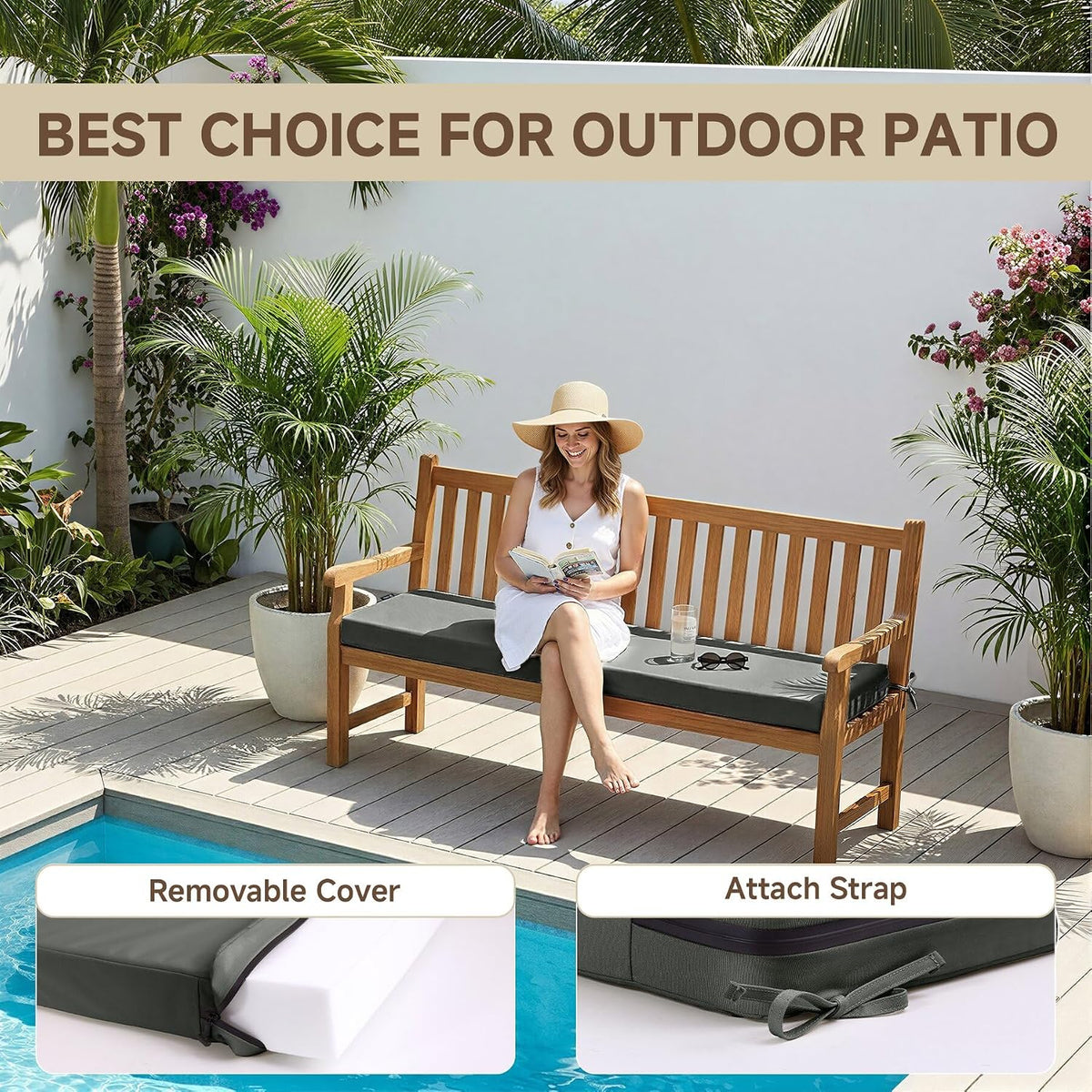 Favoyard Waterproof Outdoor Bench Cushion Dark Grey 59 x 16 Inch