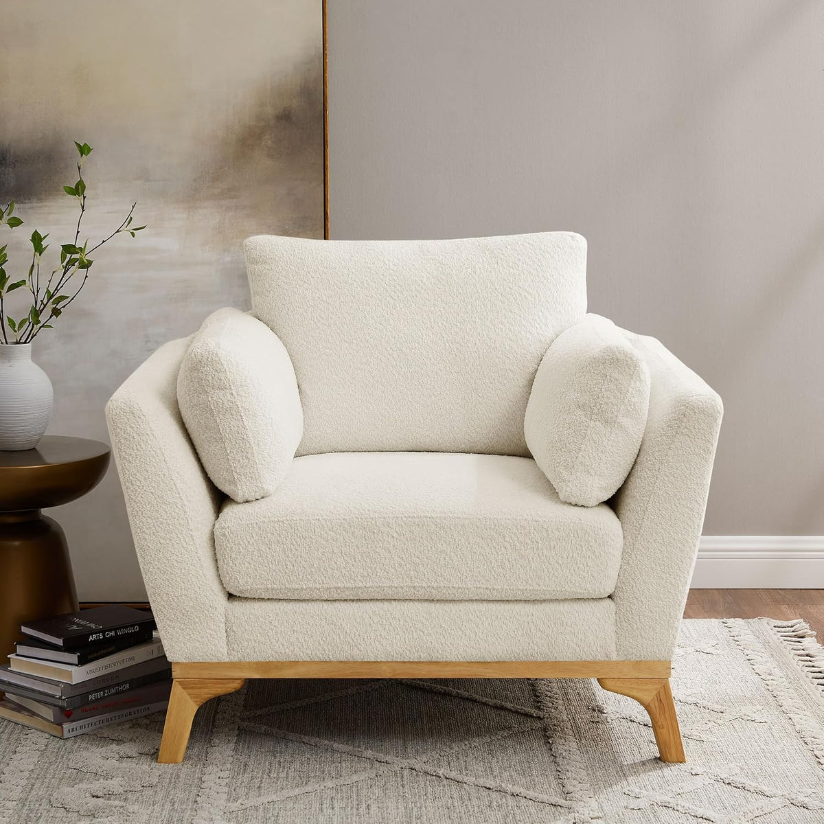 VANOMi 41.7" Large Accent Chair, Comfy Wide Reading Chair, Boucle White