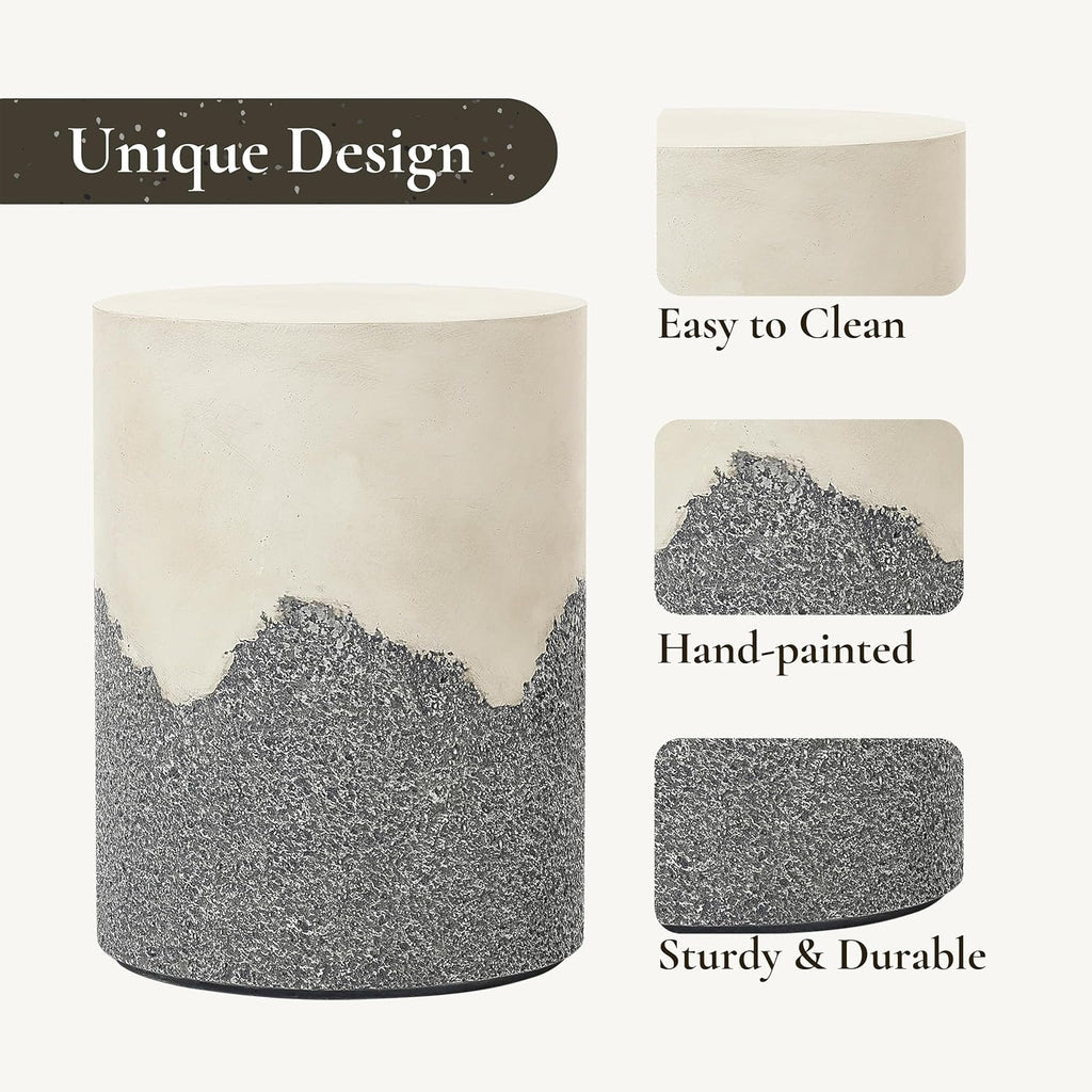 LuxenHome 18" Gray and Cream Cement Outdoor Side Table, Patio End Table