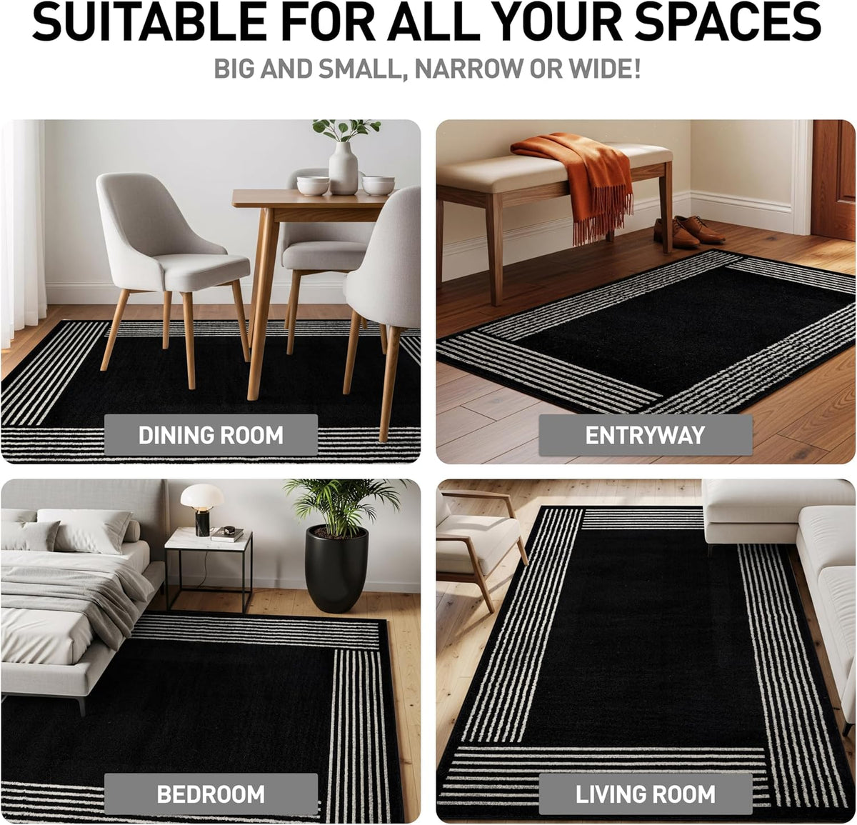 Rugshop Modern Bordered Minimal Area Rug for Living Room Black 4' x 6'