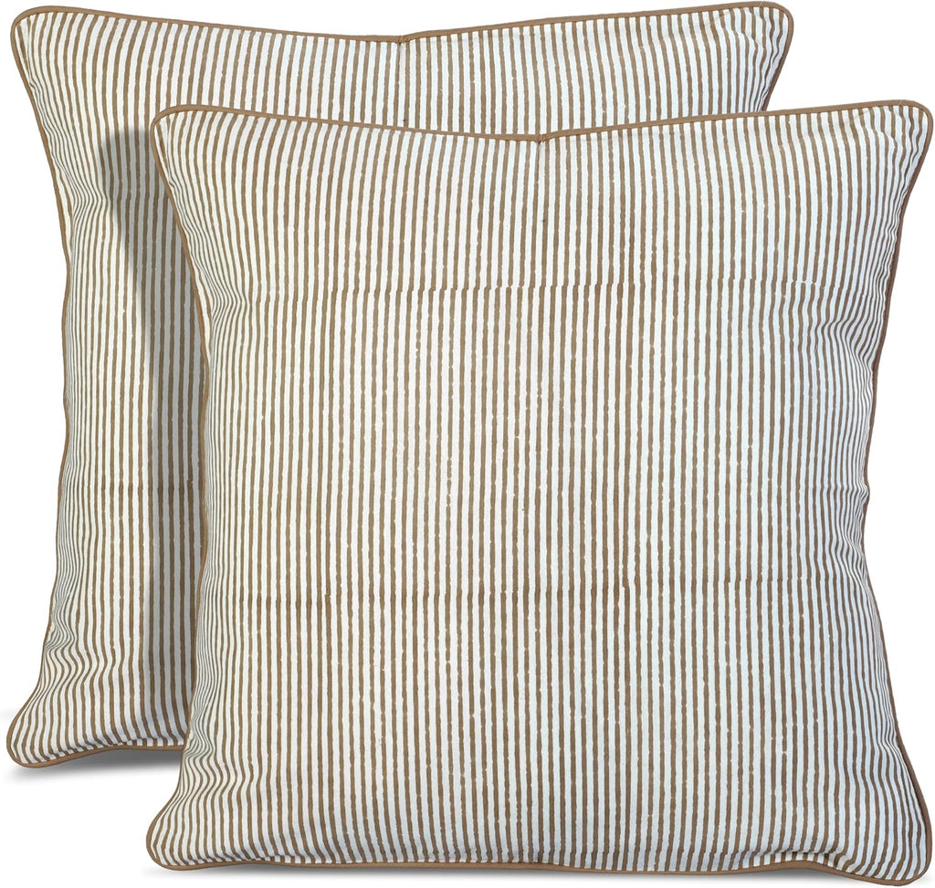 Ridhi Oatmeal Brown Stripe Hand Block Print Pillow Covers 18x18 Set of 2