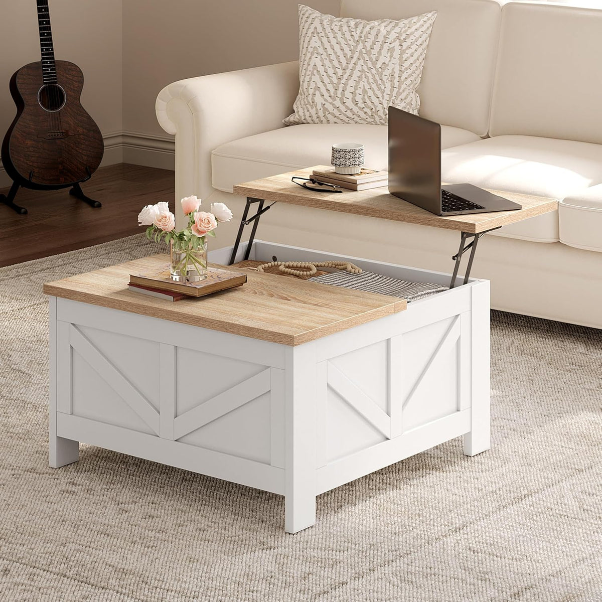 Yaheetech 31.5" Square Lift Top Coffee Table with Storage, White&Light Oak