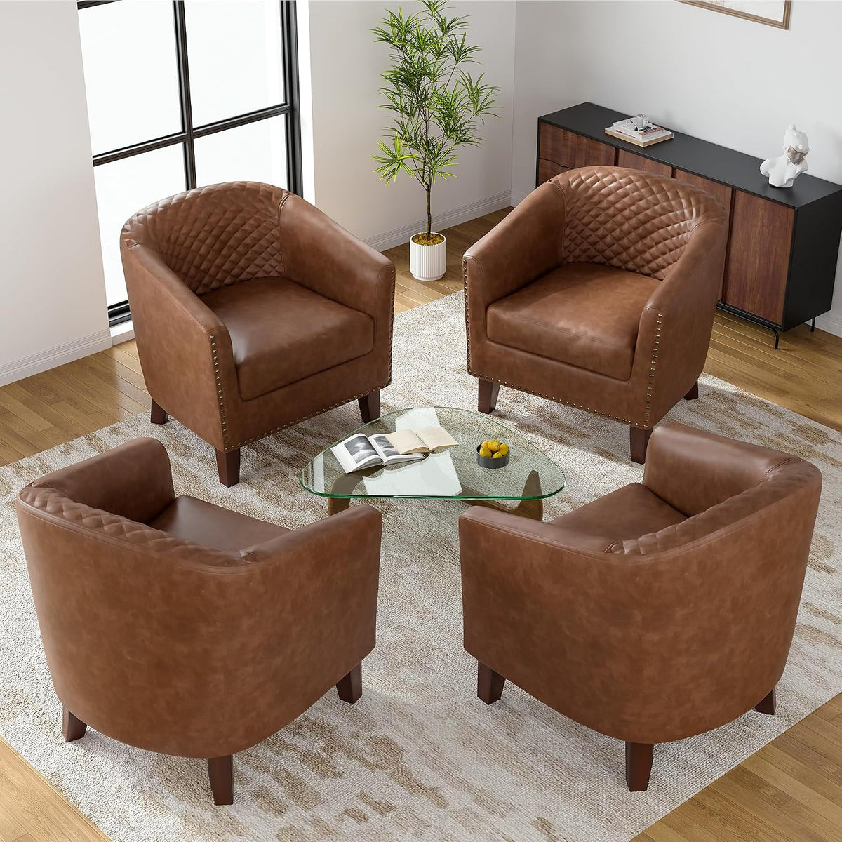 Faux Leather Barrel Accent Chairs Set of 4, Modern Armchair, Brown