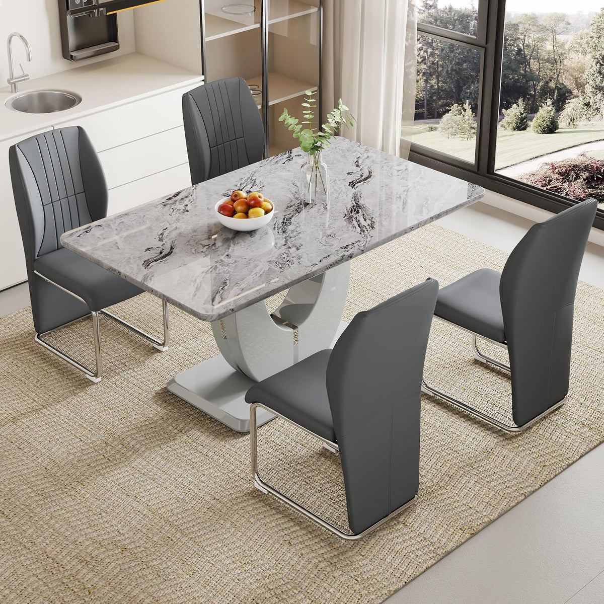 JUFU Modern Dining Set Table and 4 Chairs,Grey Faux Marble Dining Table Set for 4,Dining Room Table Set and 4 PU Leather Upholstered Dining Chairs,63'' Large Dinner Table Set