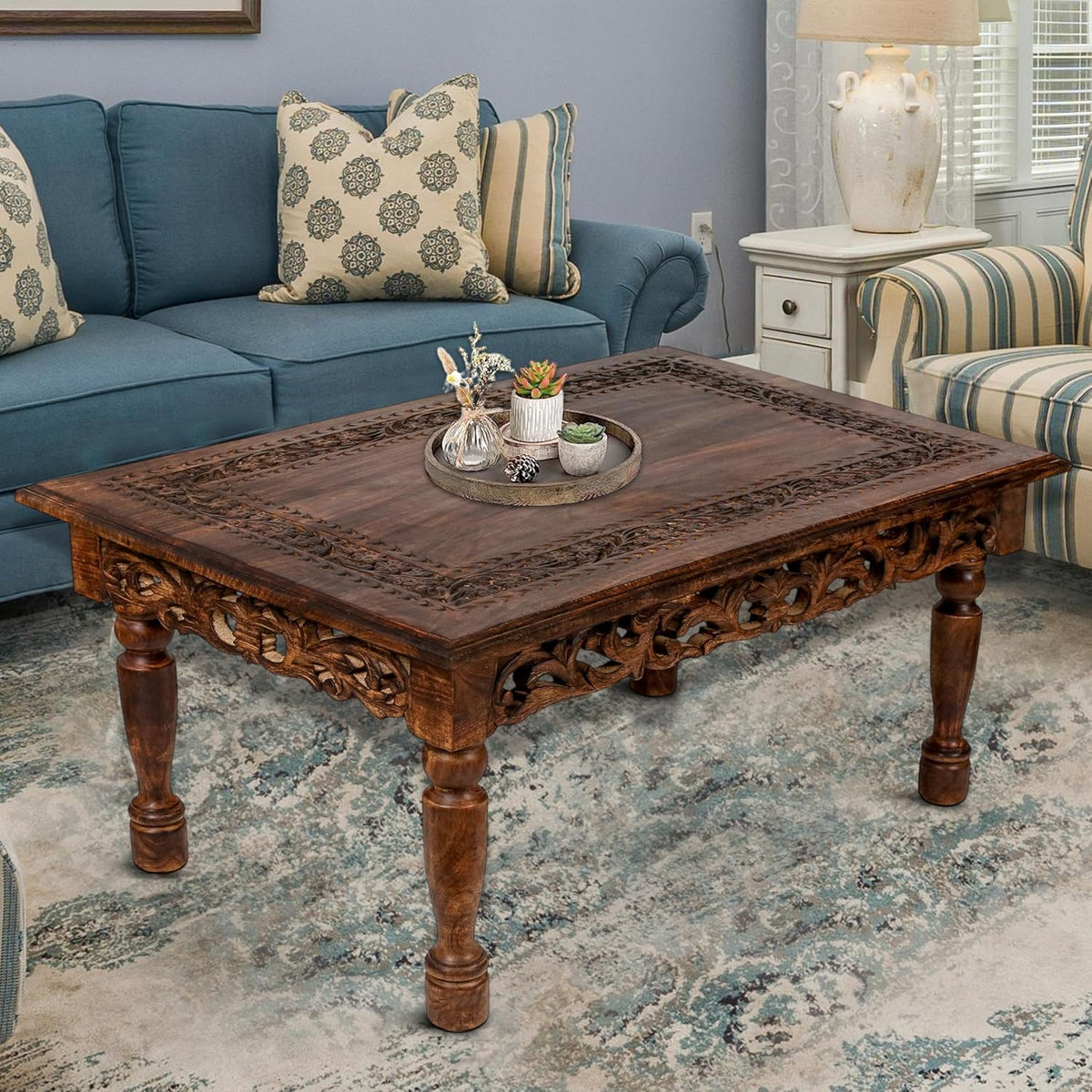 Farmhouse Coffee Table, Jali Carving, 36x24x18 in, Burnt