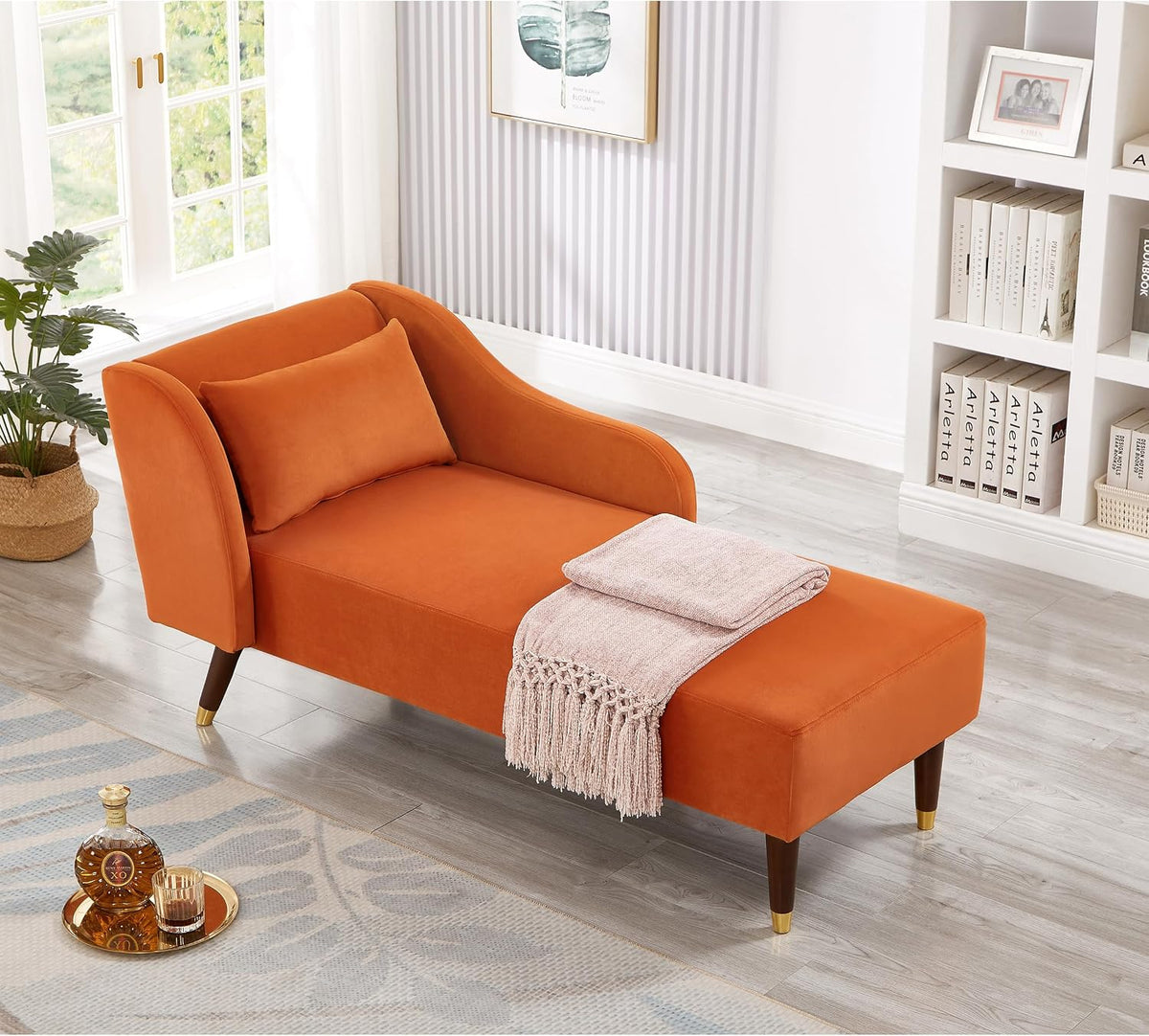 Bellemave Chaise Lounge Indoor, Velvet Upholstered Lounge Chair with Pillow, Solid Wood Legs Modern Chaise Lounge Chair for Living Room Bedroom Office (Orange)