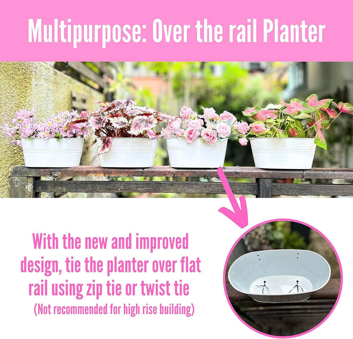 LaLaGreen Outdoor Rail Planter (11.2 in, 12 Pack) White Metal Hanging Pots