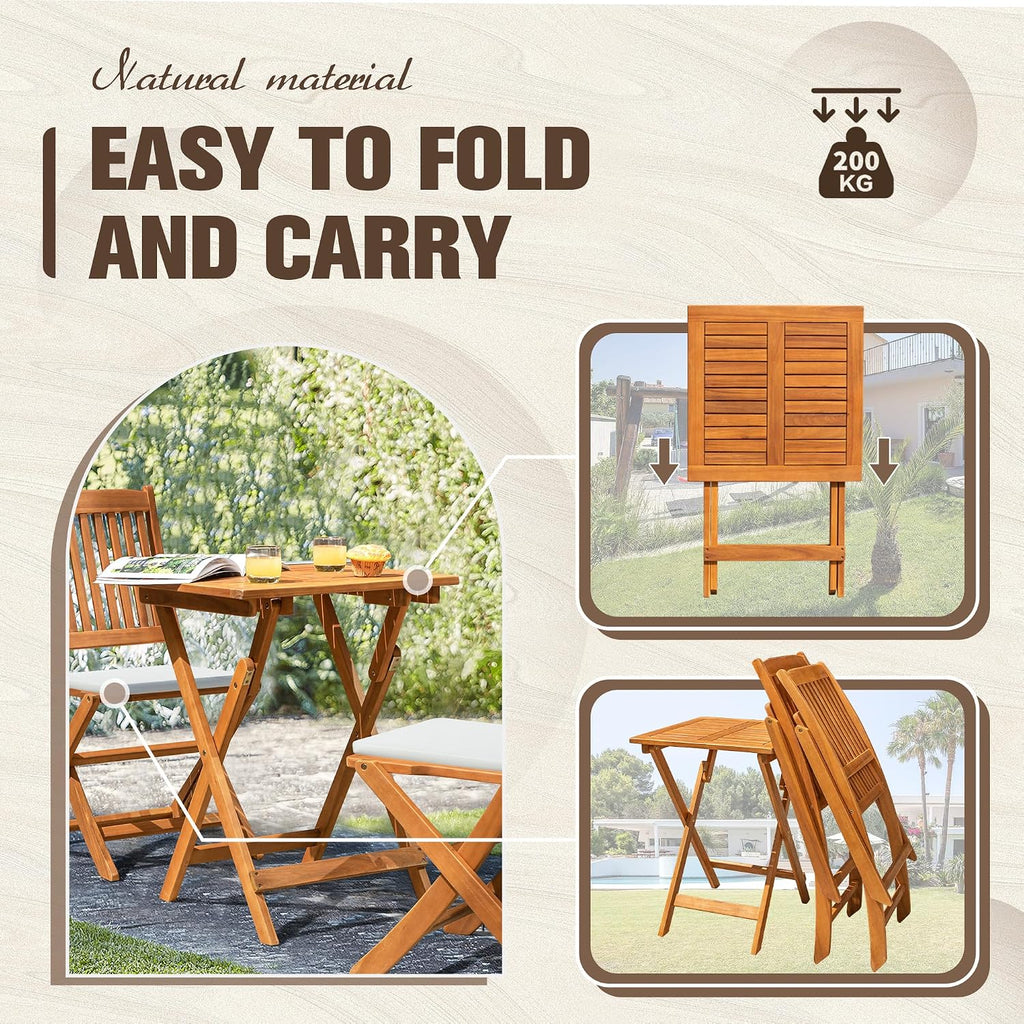 Flamaker 3 Piece Acacia Wood Folding Bistro Set Outdoor (Natural)