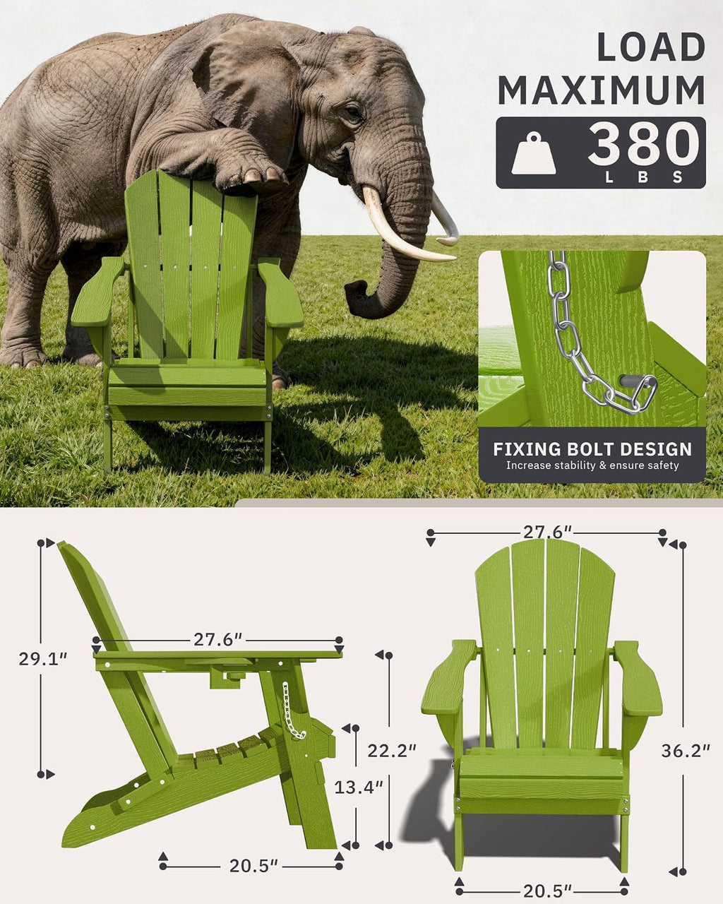 AreShark HDPE Folding Adirondack Chair with Cup Holder, Green