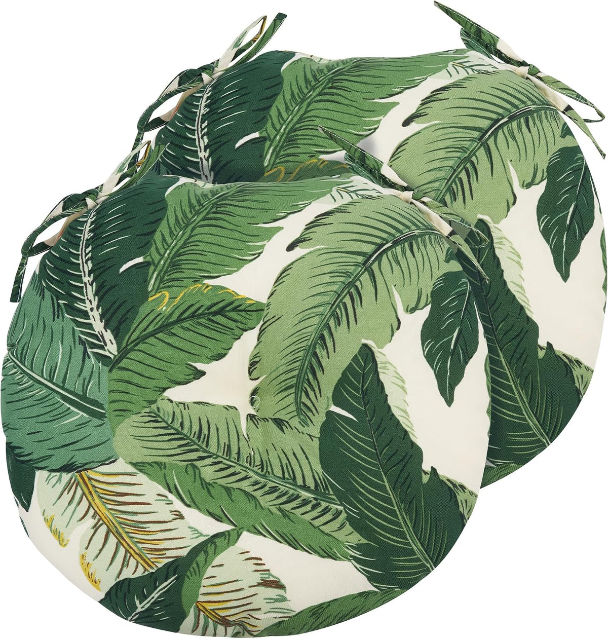Outdoor Bistro Chair Cushion Set of 2, Waterproof Tufted Round Seat Cushion with Ties, 15"x15"x4" Patio Furniture Chair Pads for Home Garden Balcony Office-Green Palm Leaf