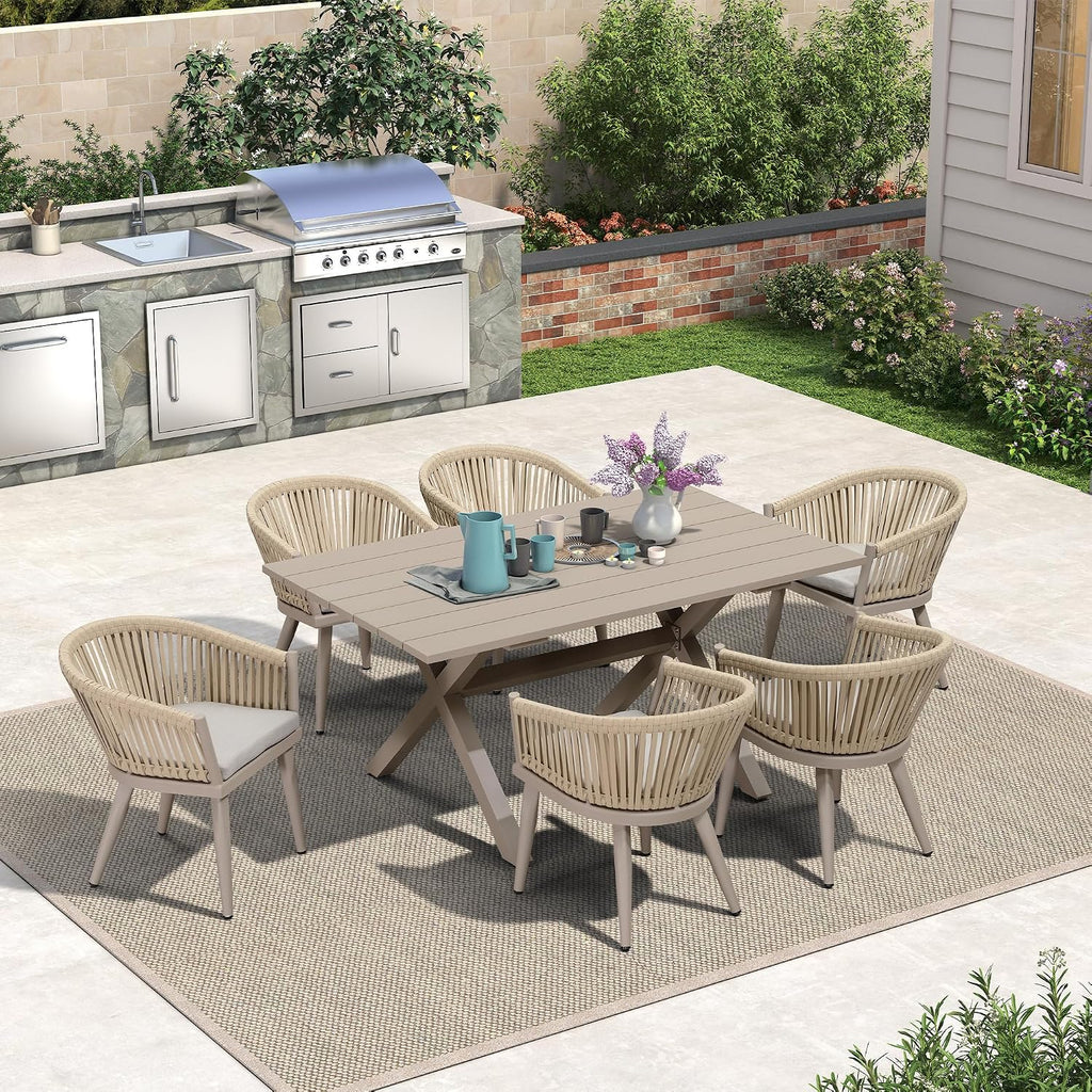 PURPLE LEAF 7 Pieces Outdoor Dining Set with Cushion Chairs, Champagne