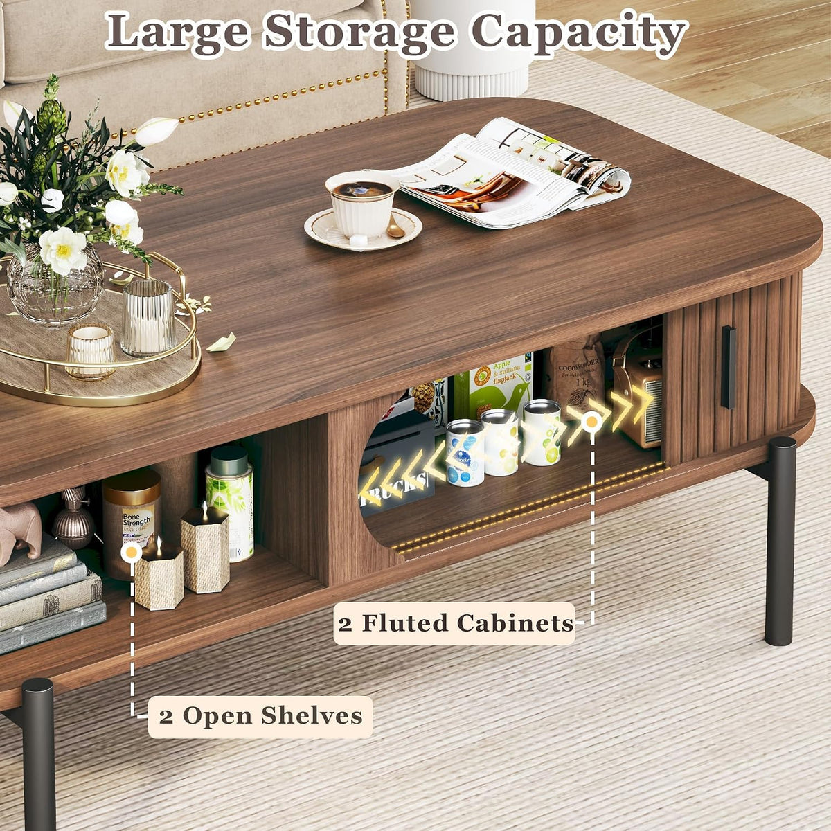 Coffee Table, 39.4" Fluted Coffee Table for Living Room, Mid Century Modern Table with Sliding Cabinet Door 2-Tier Rustic Wood Desktop with Storage Open Shelf, Walnut