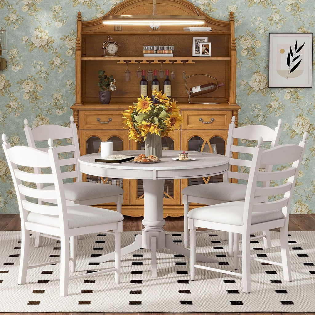 LUMISOL 5-Piece Solid Wood Dining Table Set for 4, Farmhouse Kitchen Table Set with Extendable Round Table & 4 Upholstered Chairs for Kitchen, Dining Room, Small Space, Antique White