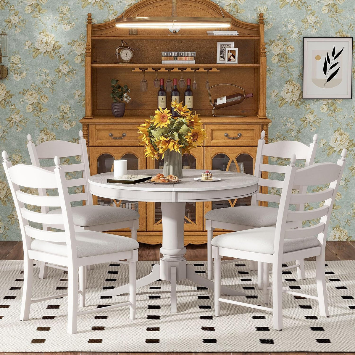 LUMISOL 5-Piece Solid Wood Dining Table Set for 4, Farmhouse Kitchen Table Set with Extendable Round Table & 4 Upholstered Chairs for Kitchen, Dining Room, Small Space, Antique White