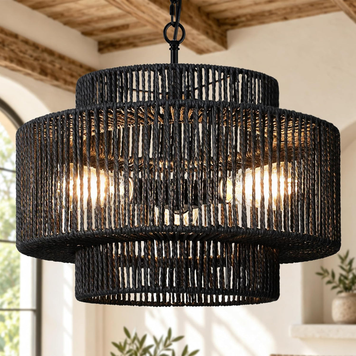 Bagood 18" 3-Light Boho Black Rattan Chandeliers for Dining Room