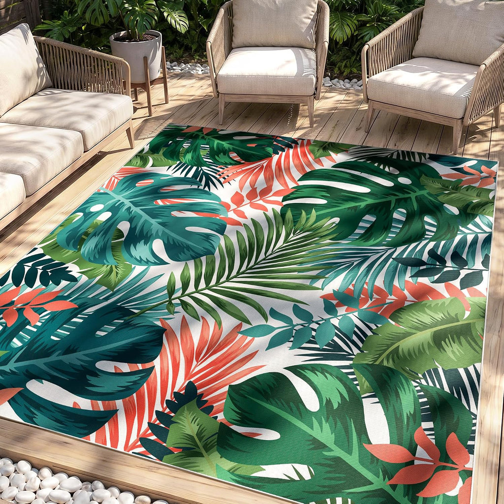 Arenarug 5x8 Monstera Tropical Outdoor Rug Waterproof, Teal