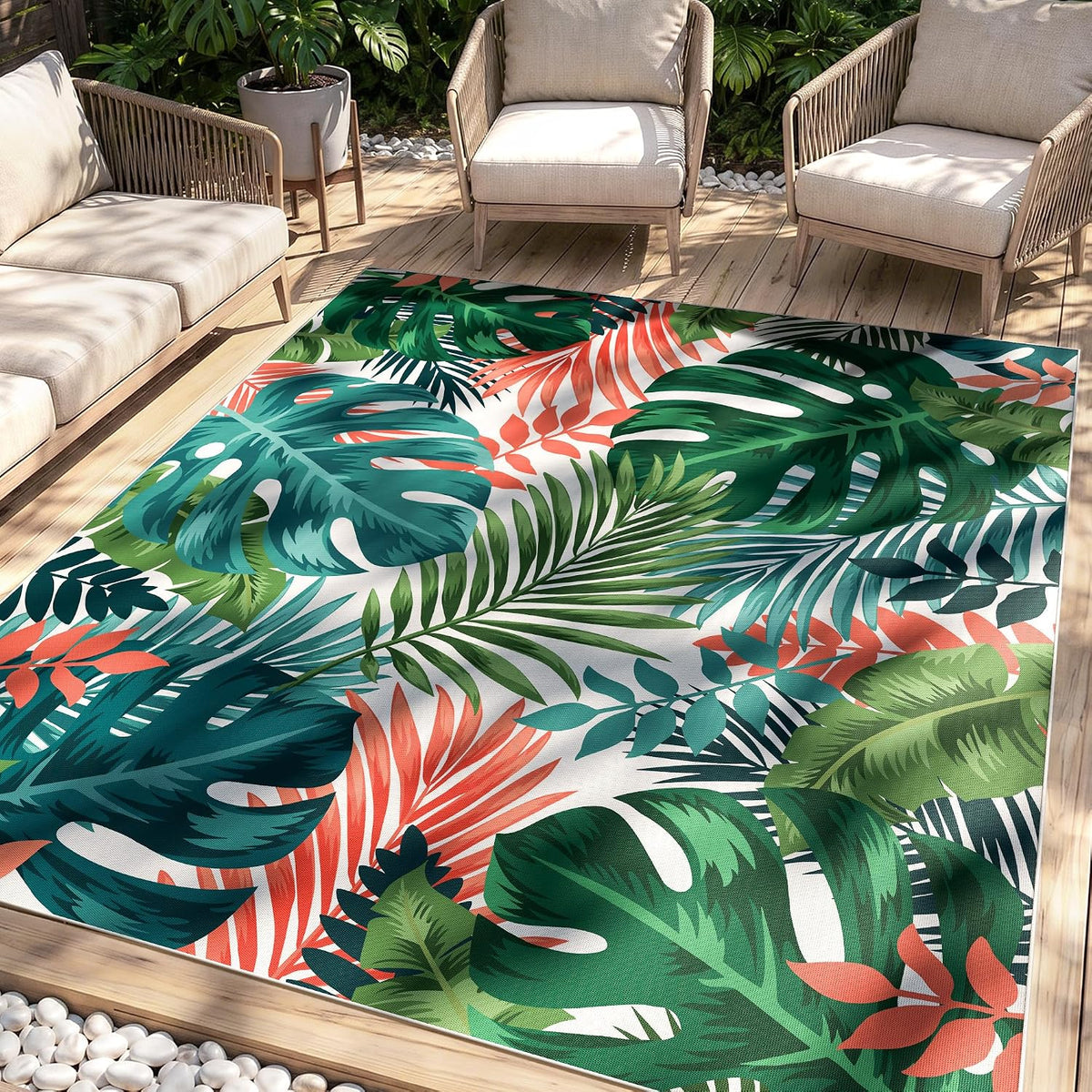 Arenarug 5x8 Monstera Tropical Outdoor Rug Waterproof, Teal