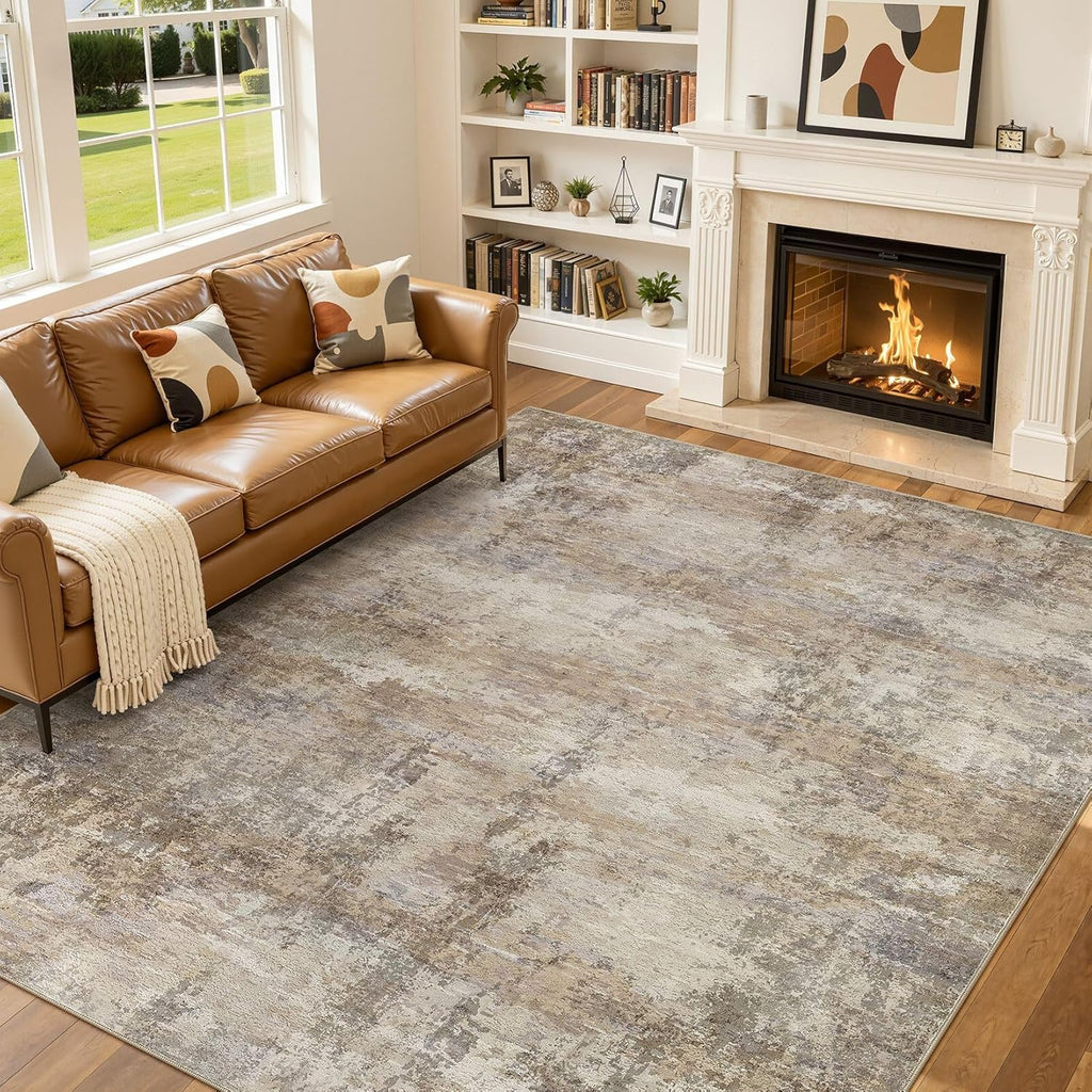 Abstract Rug 8x10 Washable Large Living Room Area Rug Dark Brown