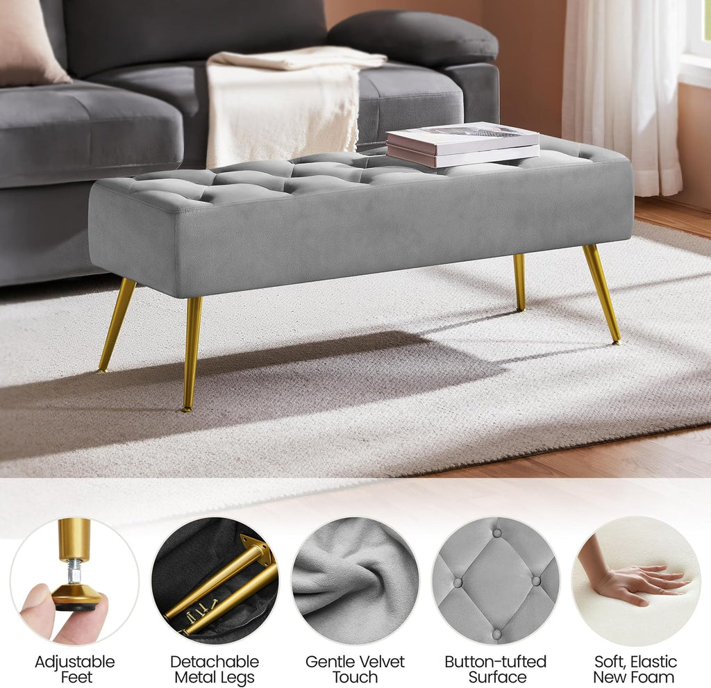 Yaheetech 45in Upholstered Velvet Ottoman Bench Seat with Gold Legs, Gray