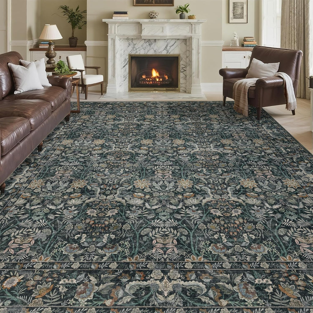Vintage Botanical Area Rug 9x12: Floral Carpet Non-Slip - Dark Green