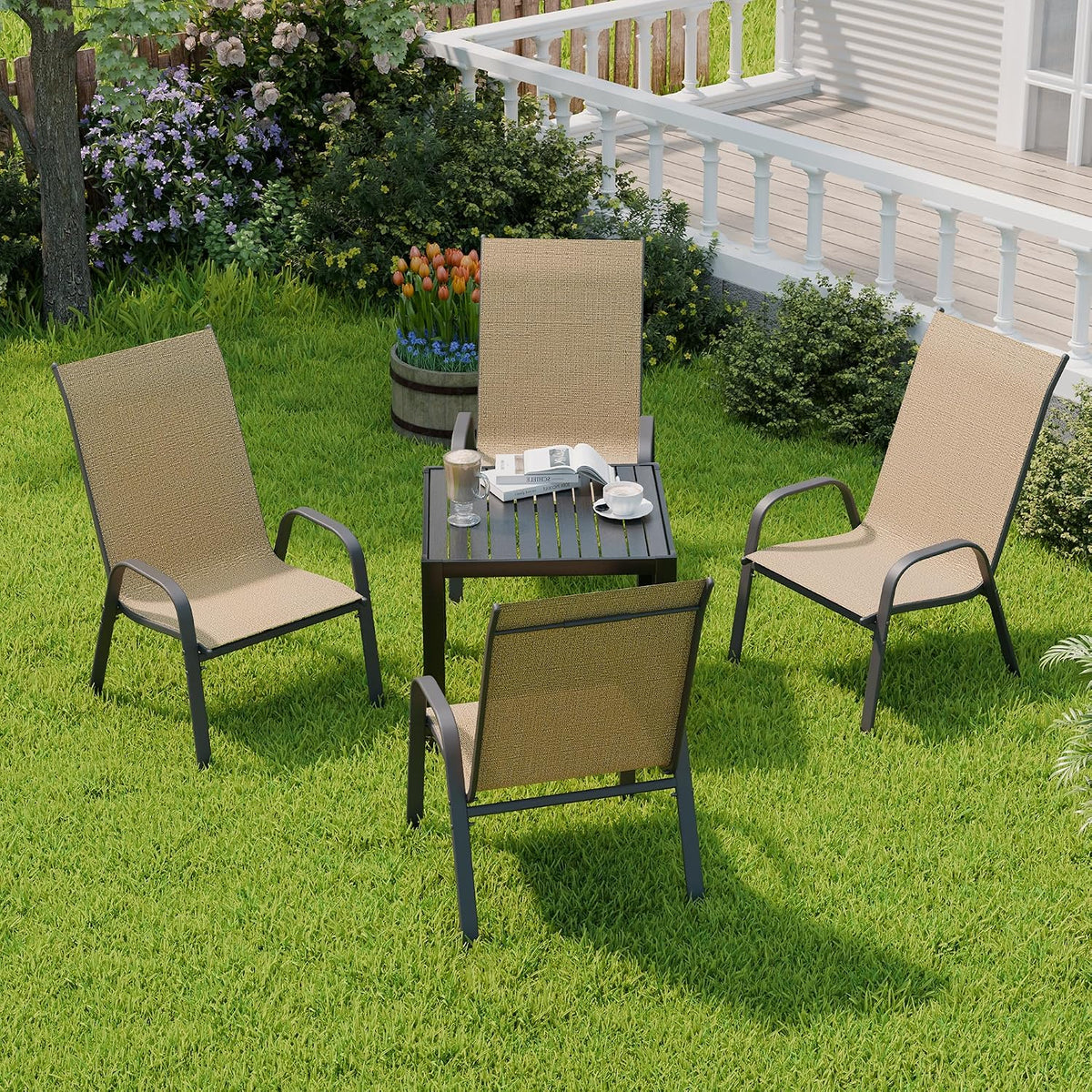 Patio Chairs Set of 4, Outdoor Dining Chairs Stackable for All Weather, Breathable Metal Modern Outside Furniture Chair for Pool Side, Garden, Backyard Deck, Brown