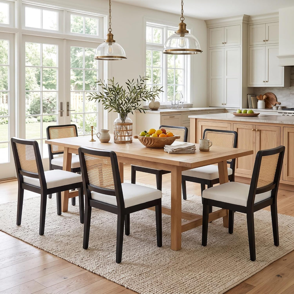 HNY Modern Farmhouse Rattan Dining Chairs Set of 6, Beige Linen Upholstered Dining Room Chair with Cane Back Mid Century Black Wooden Kitchen Chairs, Boho Accent Wicker Woven Chairs for Living Room