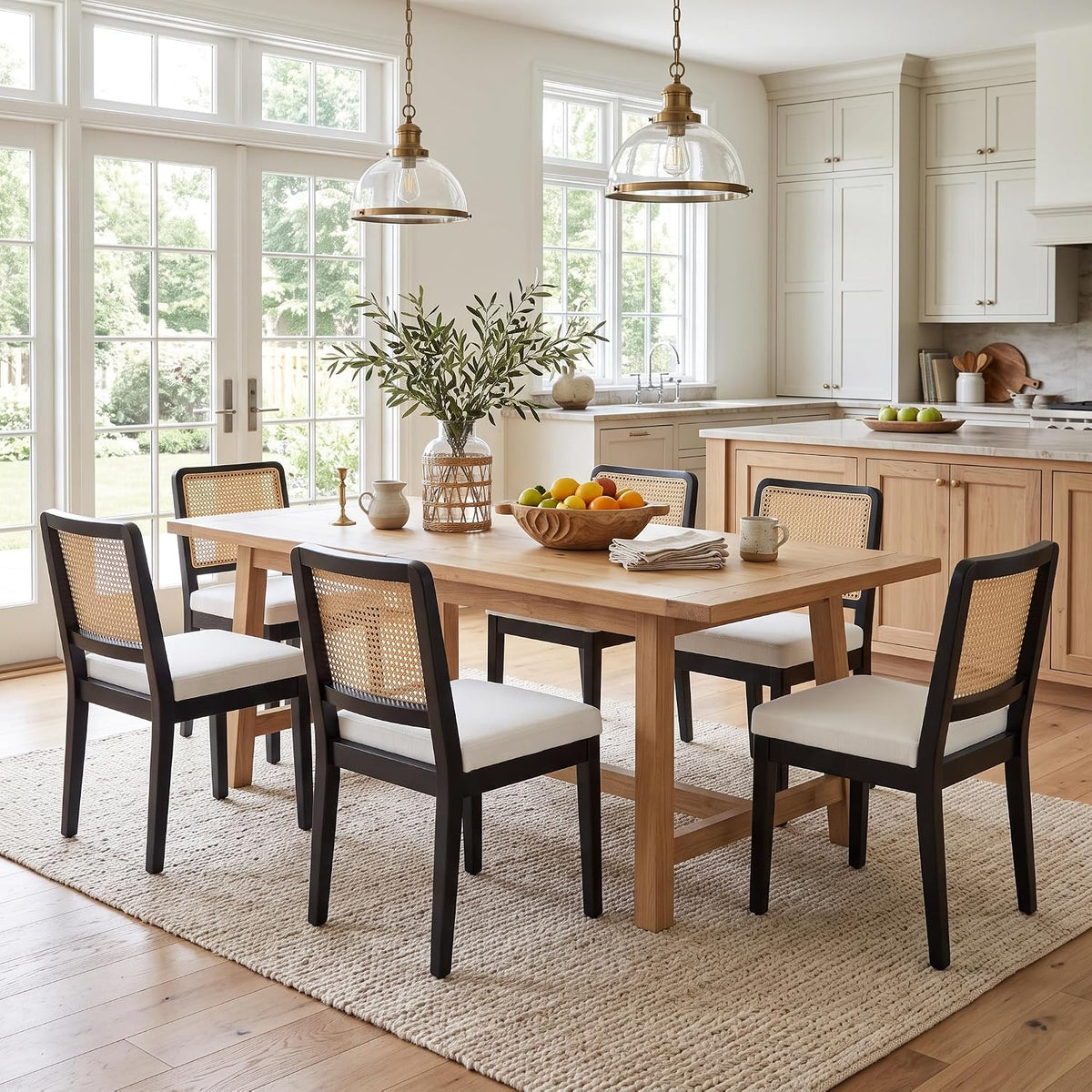 HNY Modern Farmhouse Rattan Dining Chairs Set of 6, Beige Linen Upholstered Dining Room Chair with Cane Back Mid Century Black Wooden Kitchen Chairs, Boho Accent Wicker Woven Chairs for Living Room