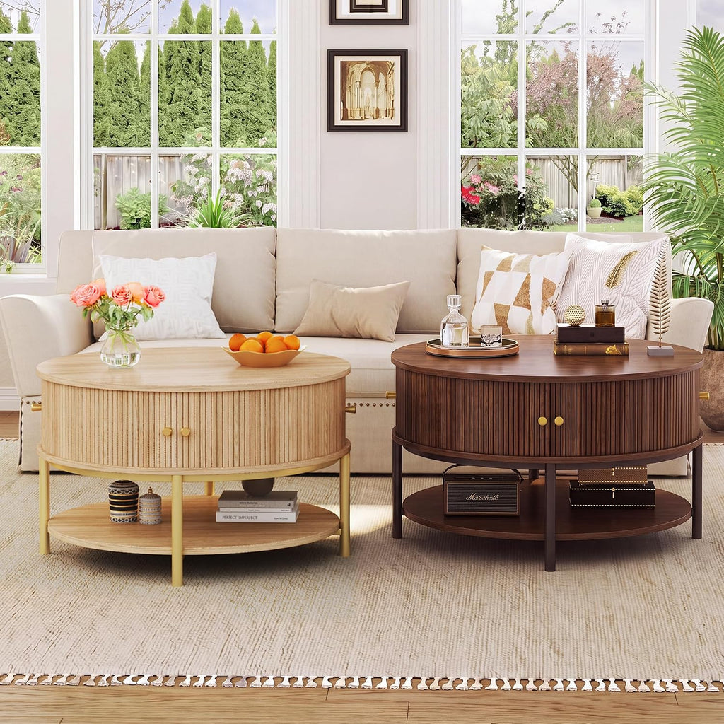 HUAHUU 23.6" Round Coffee Table, 3-Tier Center Table with Storage, Walnut