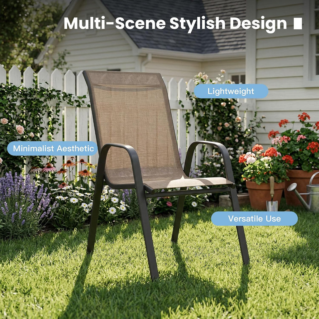 DIFY Patio Chairs Set of 6, Stackable Outdoor Dining Chairs Set with Breathable Textilene High Back and All-Weather Metal Frame for Garden, Backyard, Deck, Brwon