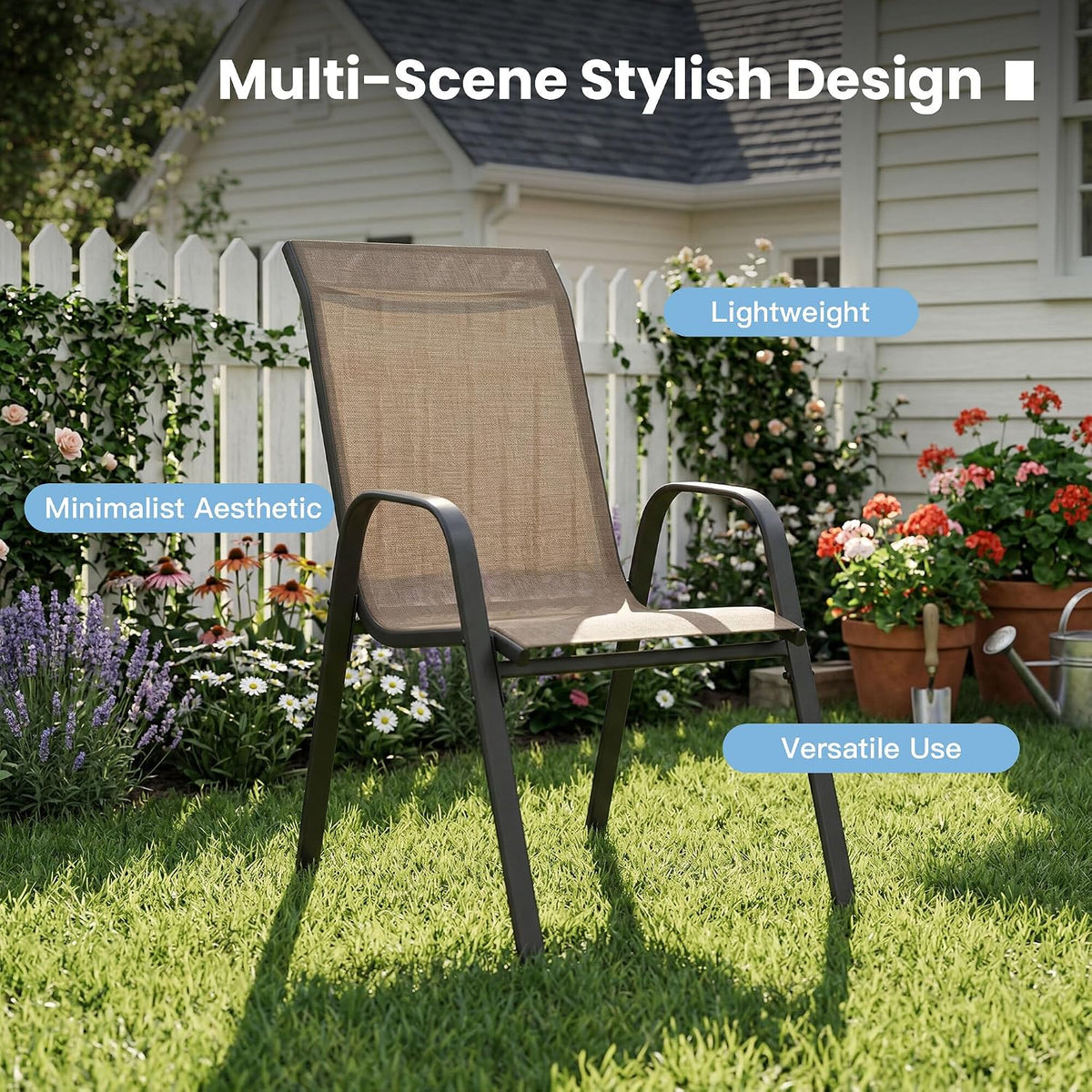 DIFY Patio Chairs Set of 6, Stackable Outdoor Dining Chairs Set with Breathable Textilene High Back and All-Weather Metal Frame for Garden, Backyard, Deck, Brwon