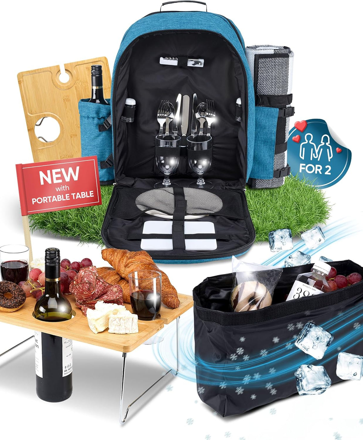 Picnic Backpack for 2 - All-in-One for Couples [with Picnic Blanket & Portable Wine Table] - Waterproof 32L - Insulated Picnic Set - Cooler Pouch & Wine Holder - Dating, Outdoor & Camping